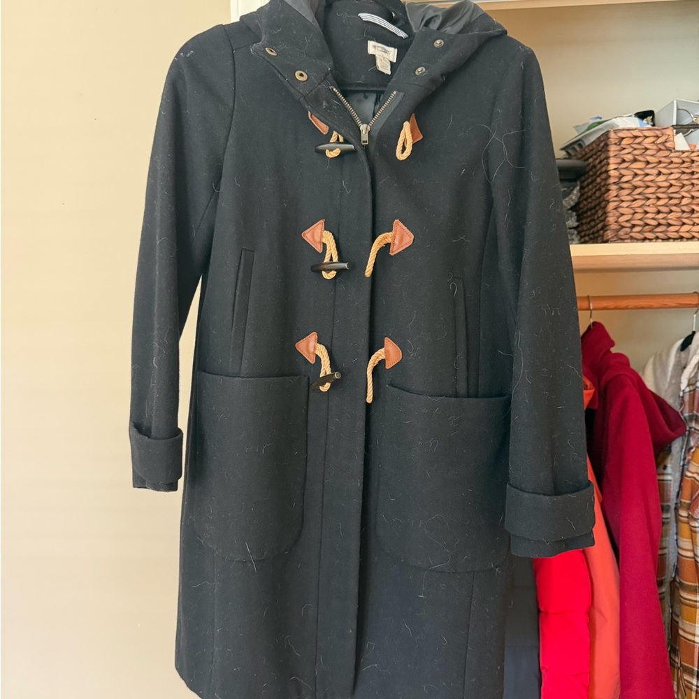 J. Crew Black Trench Coat with Brown Toggles